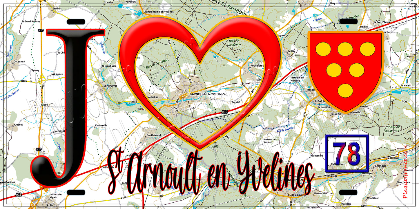 Plaque métal décorative J' ❤️ Saint-Arnoult-en-Yvelines, Yvelines (78) fond carte