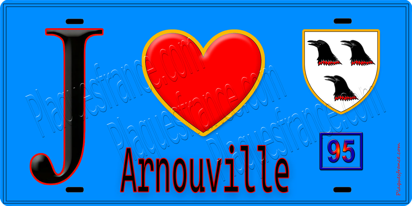 Plaque métal décorative J' ❤️Arnouville, Val d'Oise (95) fond bleu