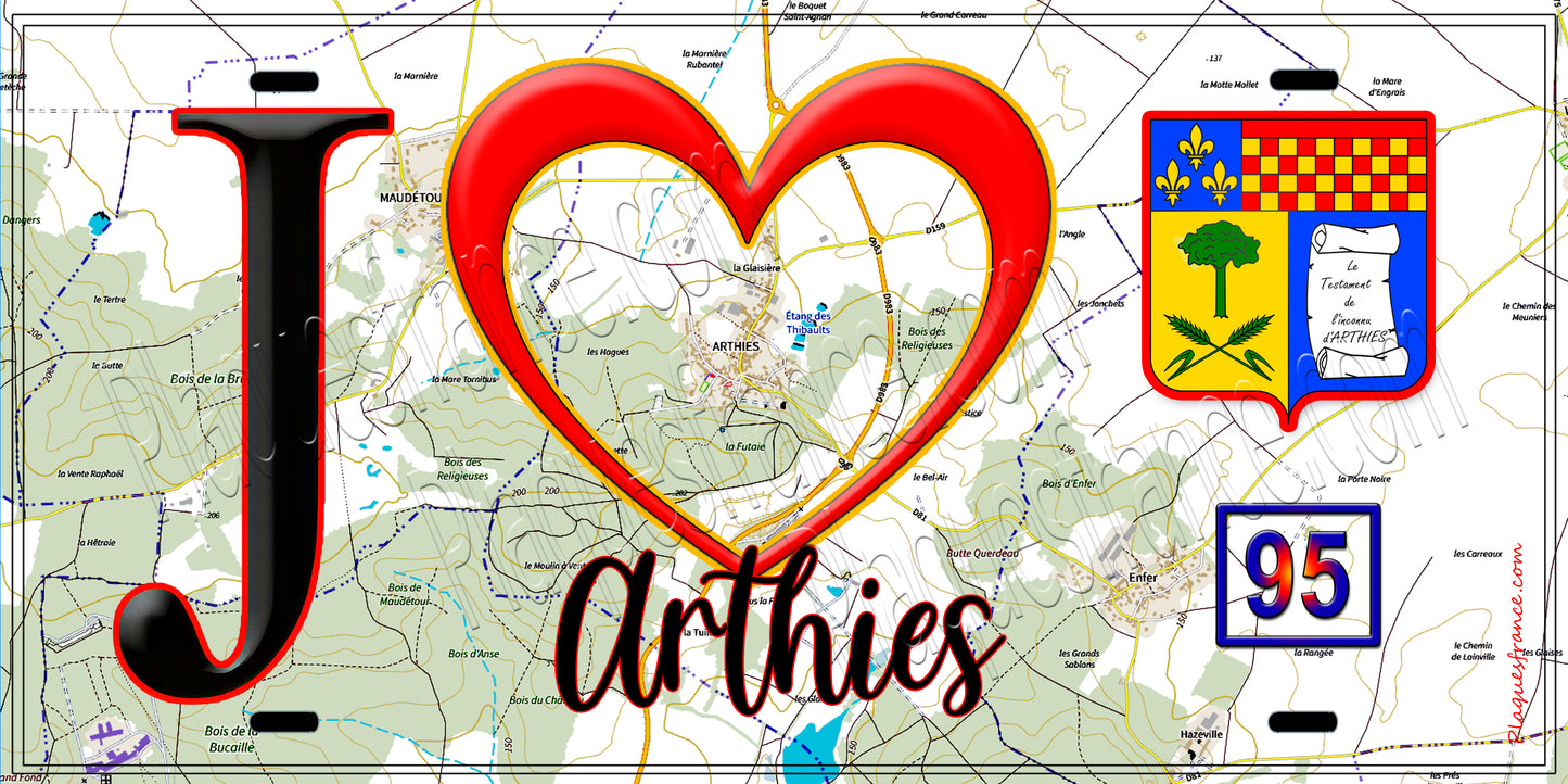 Plaque métal décorative J' ❤️Arthies, Val d'Oise (95) fond carte
