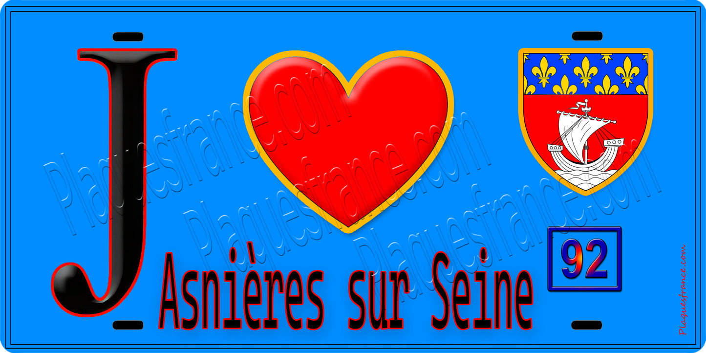 Plaque métal décorative J' ❤️ Asnières-sur-Seine, Hauts de Seine (92) fond bleu
