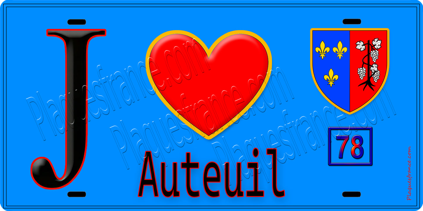 Plaque métal décorative J' ❤️ Auteuil, Yvelines (78) fond bleu
