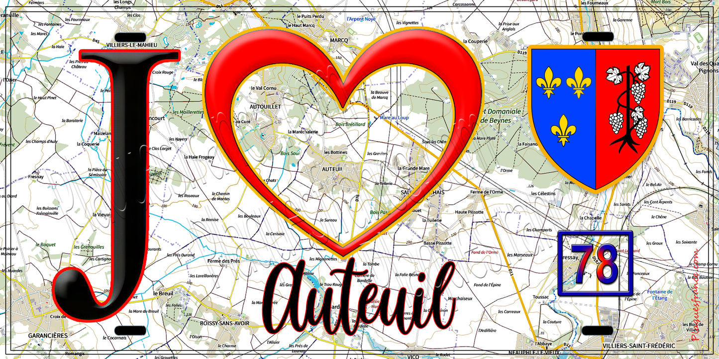 Plaque métal décorative J' ❤️ Auteuil, Yvelines (78) fond carte