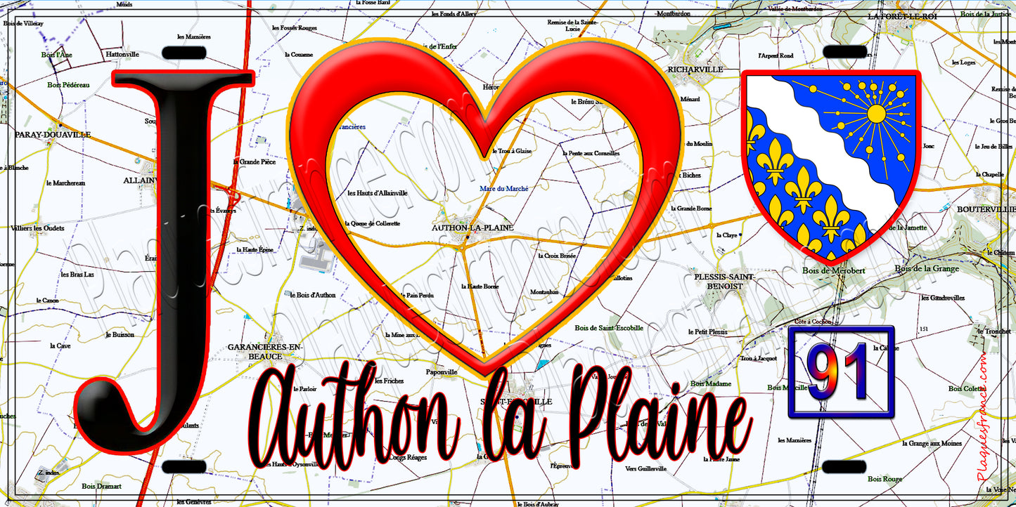 Plaque métal décorative J' ❤️Authon-la-Plaine, Essonne (91) fond carte
