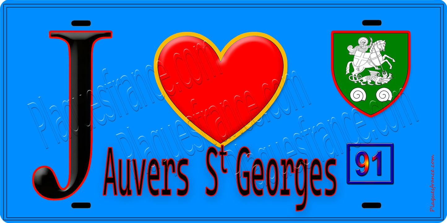 Plaque métal décorative J' ❤️Auvers-Saint-Georges, Essonne (91) fond bleu