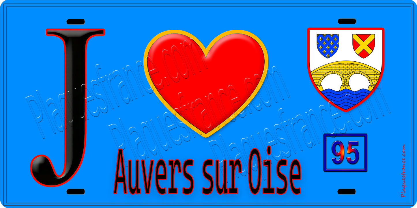 Plaque métal décorative J' ❤️Auvers-sur-Oise, Val d'Oise (95) fond bleu