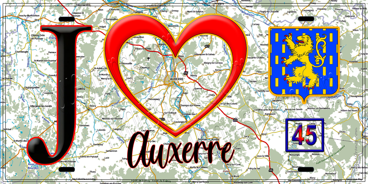 Plaque métal décorative J' ❤️ Auxerre, Yonne 89 fond carte