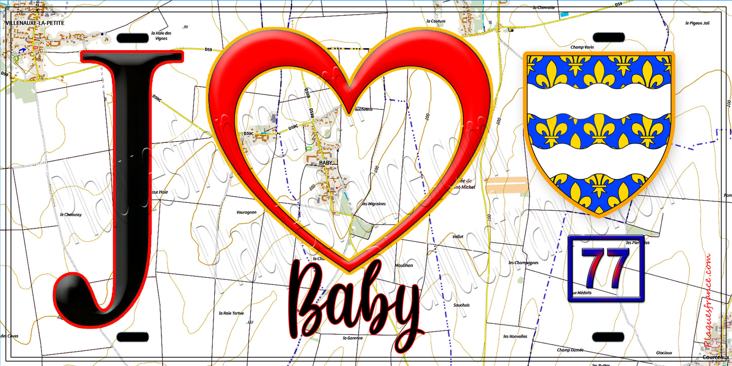 Plaque métal décorative J' ❤️Baby, Seine et Mrne (77) fond carte