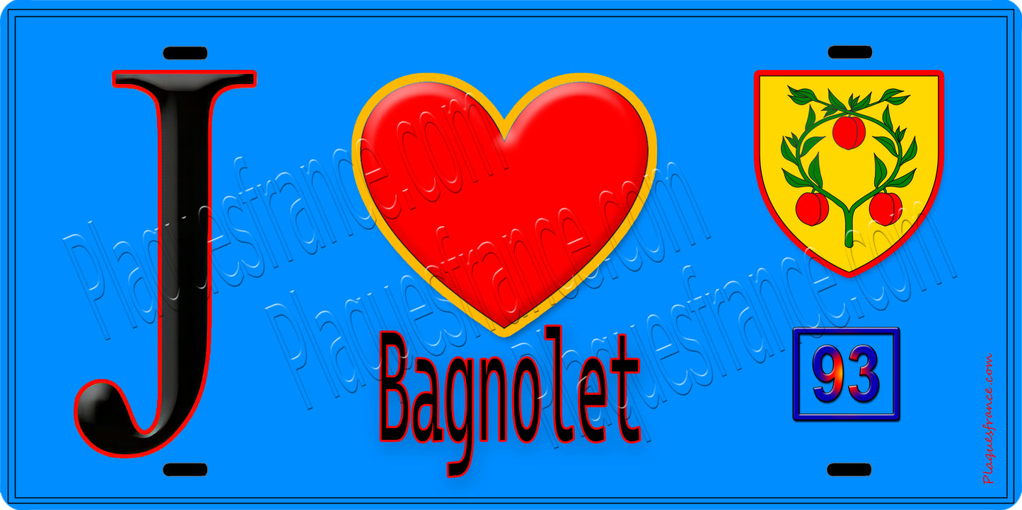 Plaque métal décorative J' ❤️Bagnolet, Seine Saint Denis (93) fond bleu