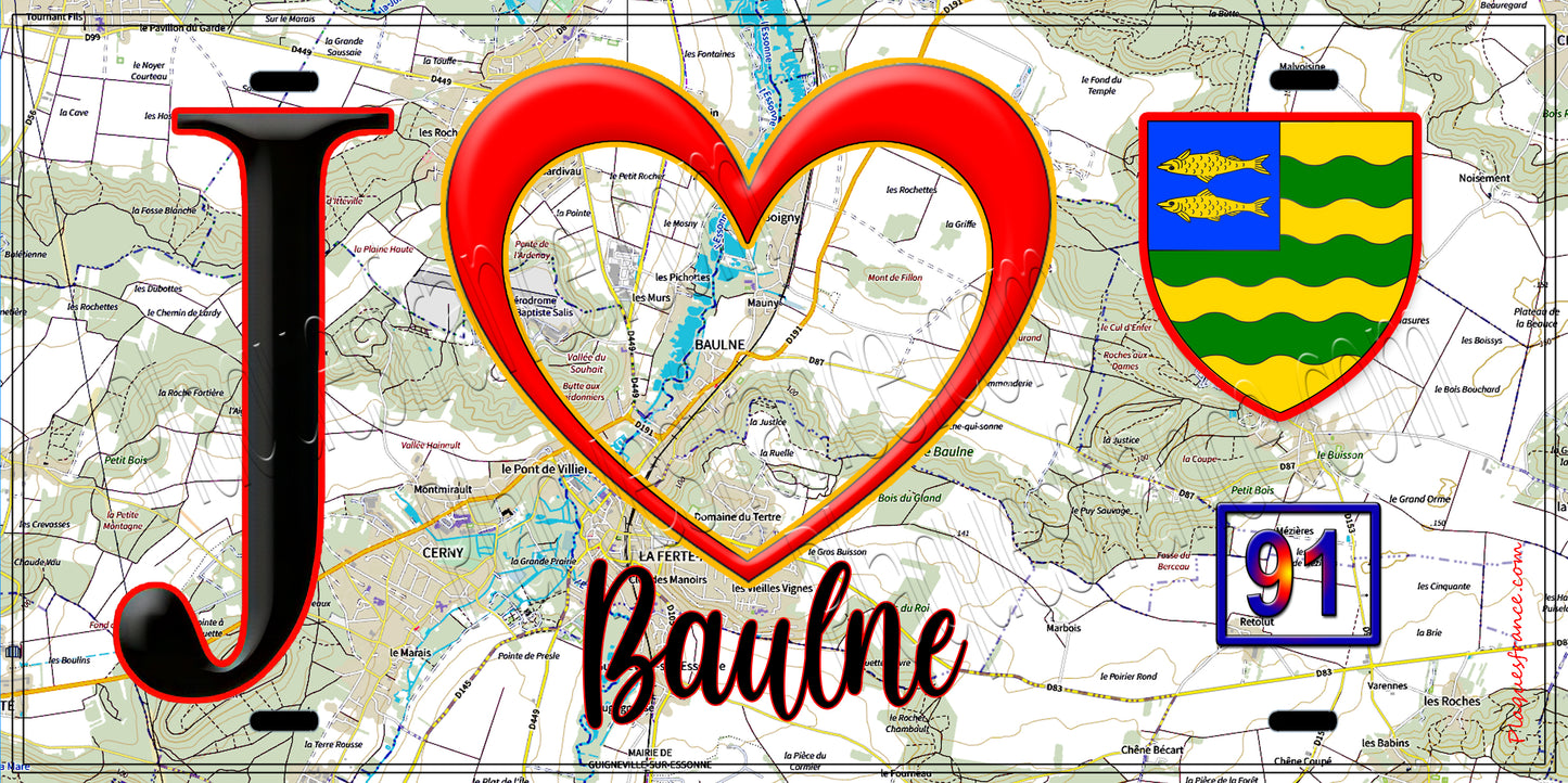 Plaque métal décorative J' ❤️Baulne, Essonne (91) fond carte