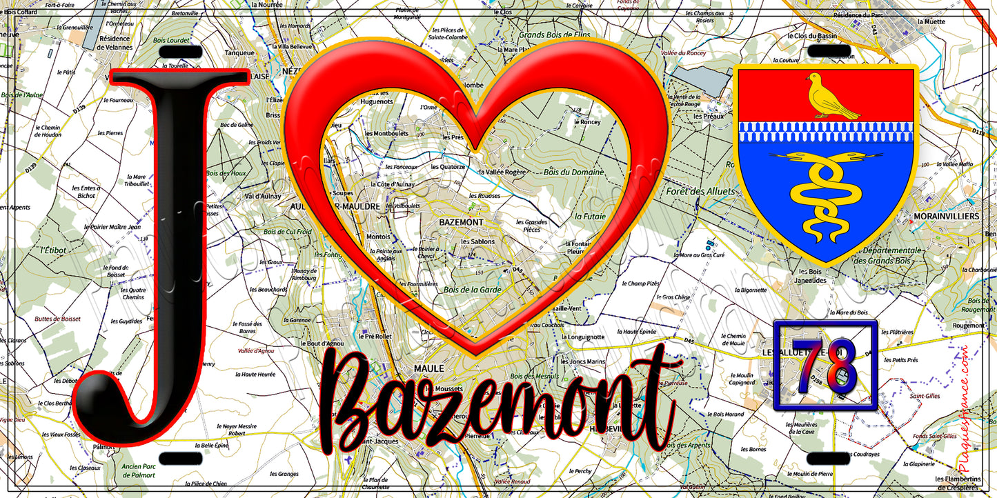 Plaque métal décorative J' ❤️ Bazemont, Yvelines (78) fond carte