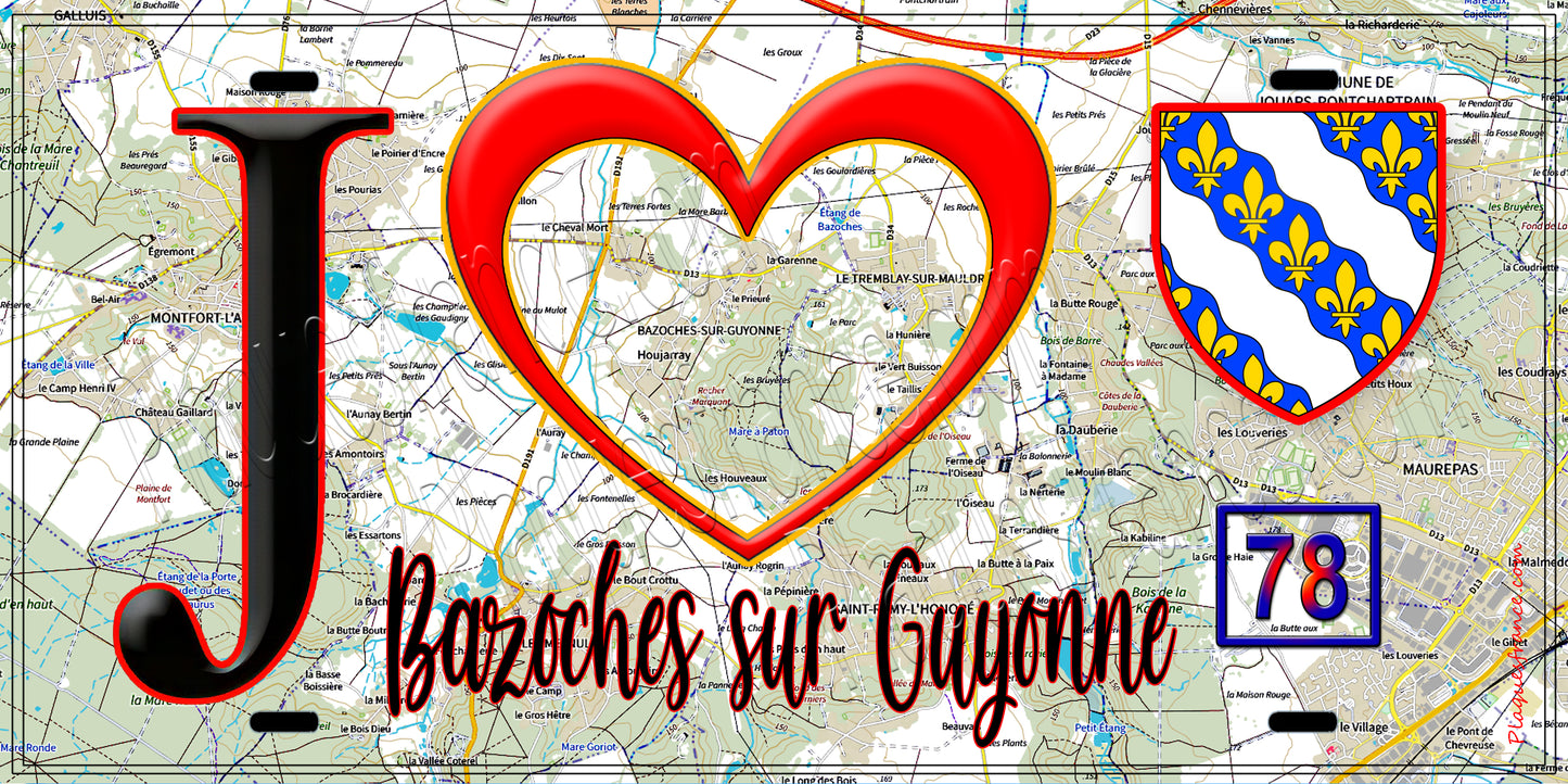 Plaque métal décorative J' ❤️ Bazoches-sur-Guyonne, Yvelines (78) fond carte