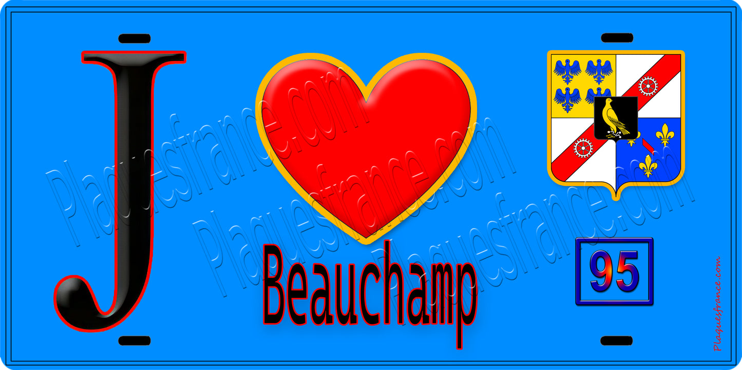 Plaque métal décorative J' ❤️Beauchamp, Val d'Oise (95) fond bleu