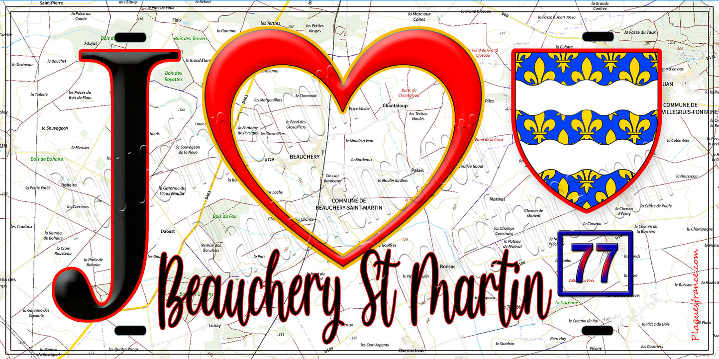 Plaque métal décorative J' ❤️Beauchery-Saint-Martin, Seine et Mrne (77) fond carte