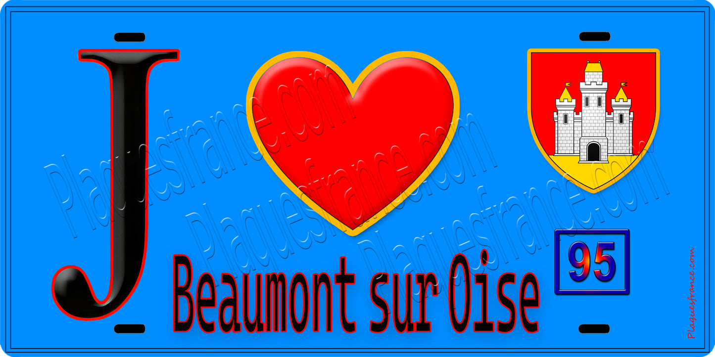 Plaque métal décorative J' ❤️Beaumont-sur-Oise, Val d'Oise (95) fond bleu