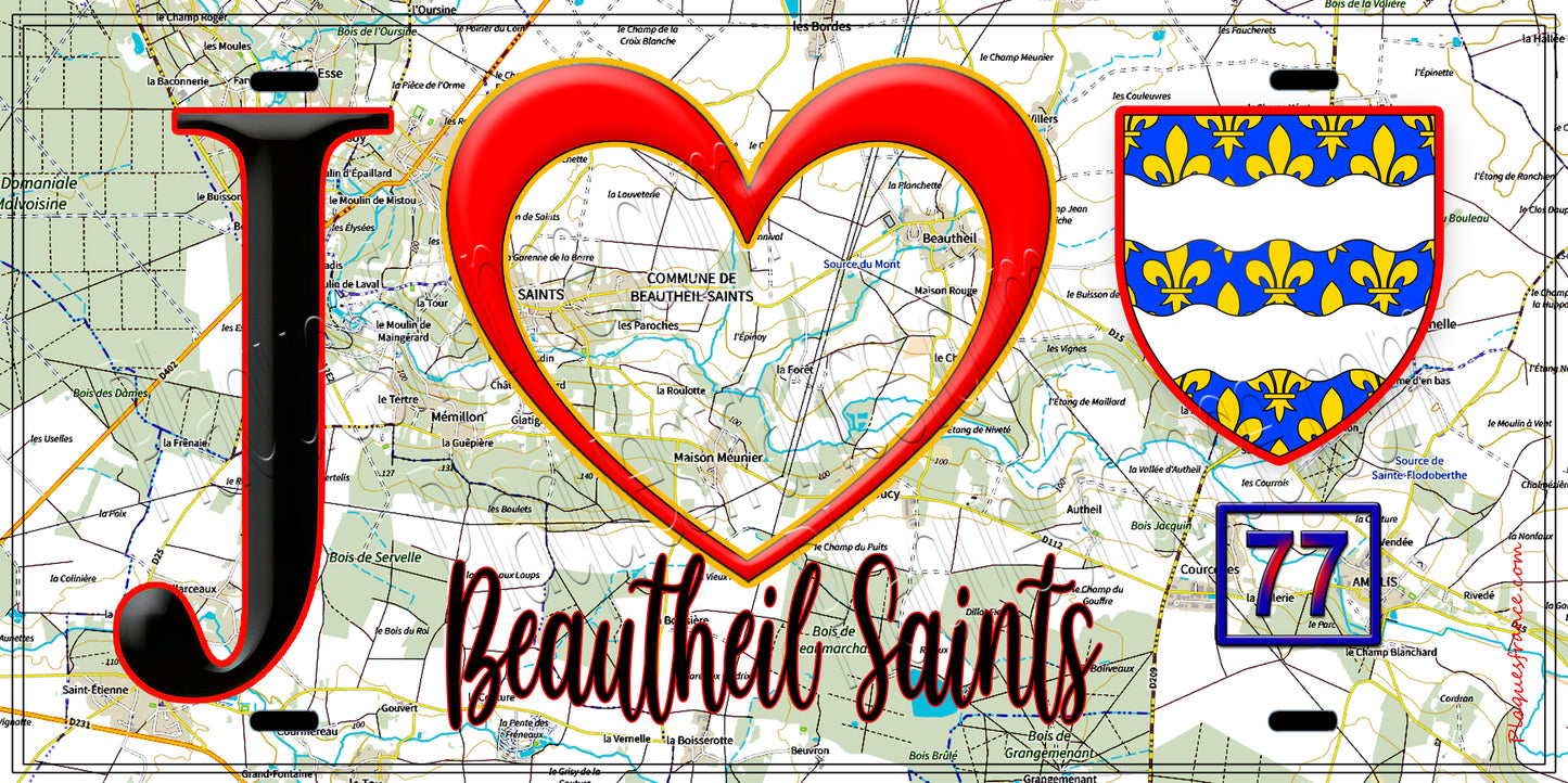 Plaque métal décorative J' ❤️Beautheil-Saints, Seine et Mrne (77) fond carte