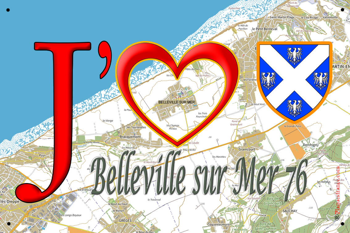 Plaque métal décorative 20 cm x 30 cm J' ❤️ Belleville-sur-Mer, Seine Maritime (76)