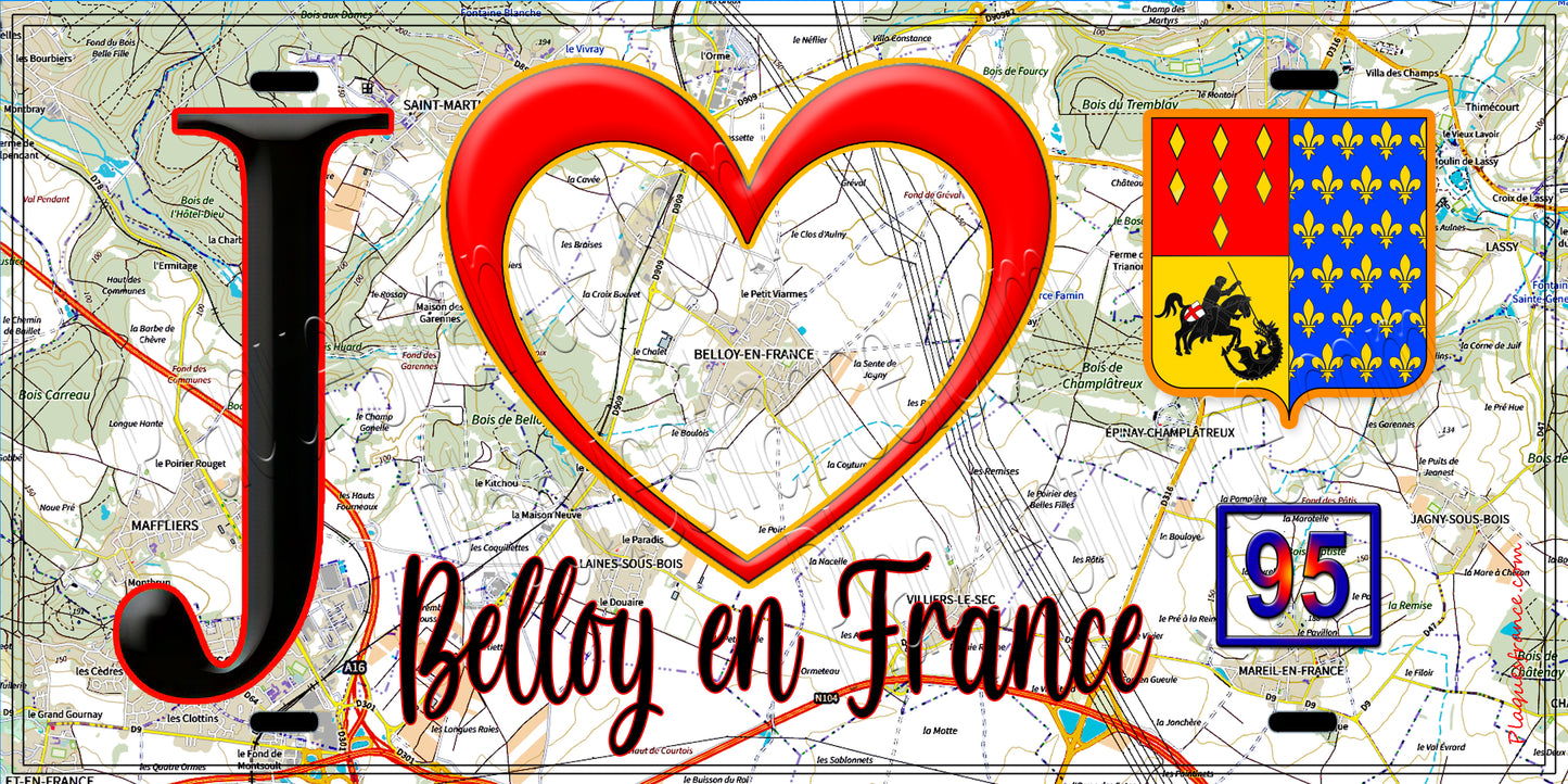 Plaque métal décorative J' ❤️Belloy-en-France, Val d'Oise (95) fond carte