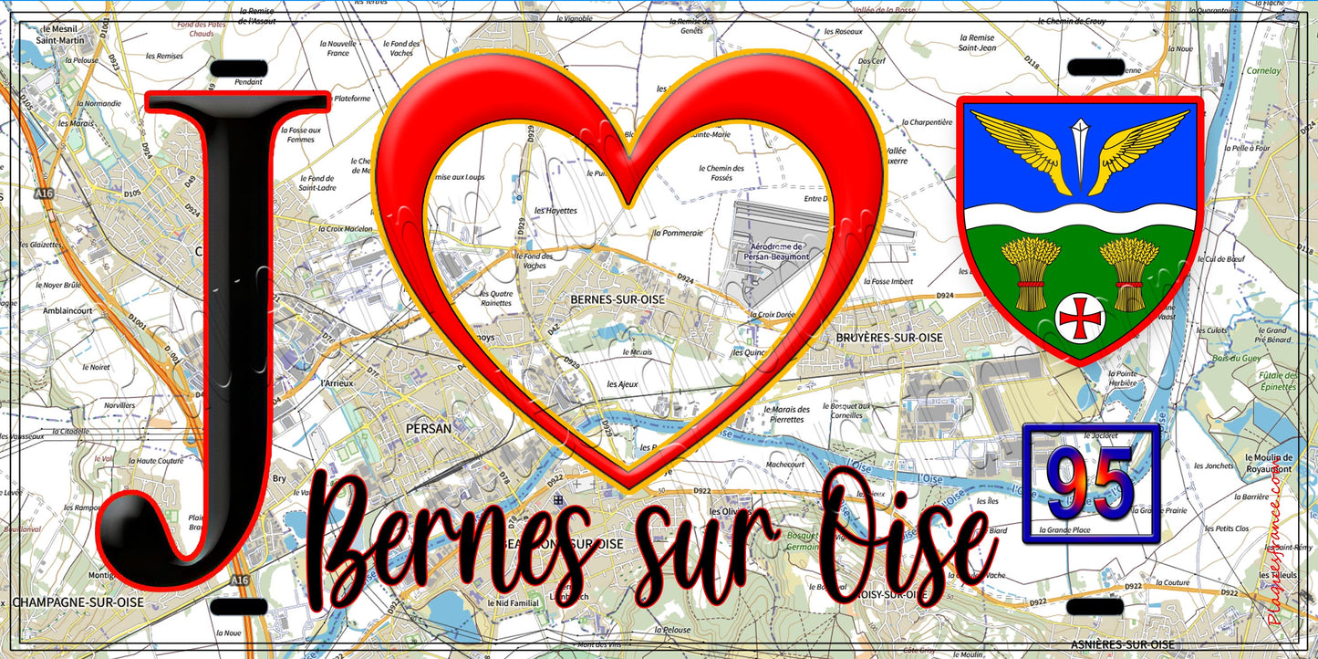 Plaque métal décorative J' ❤️Bernes-sur-Oise, Val d'Oise (95) fond carte