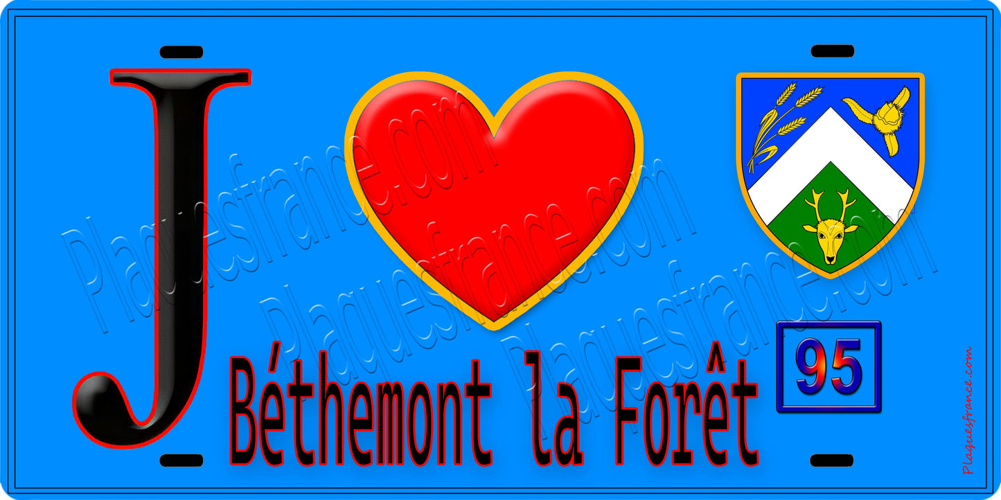 Plaque métal décorative J' ❤️Béthemont-la-Forêt, Val d'Oise (95) fond beu