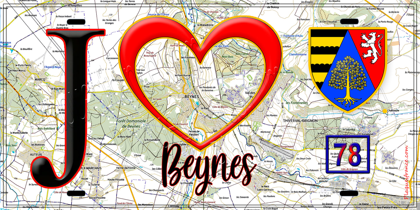 Plaque métal décorative J' ❤️ Beynes, Yvelines (78) fond carte