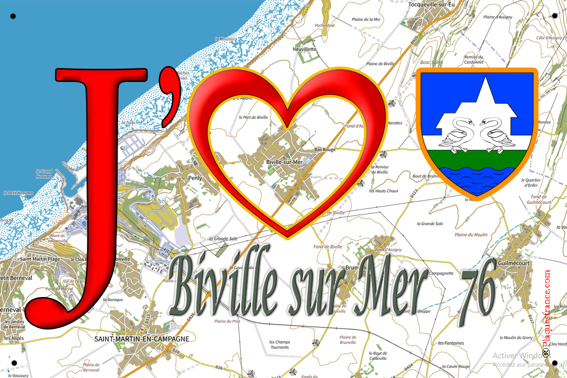 Plaque métal décorative 20x30 J' ❤️ Biville-sur-Mer, Seine Maritime (76)