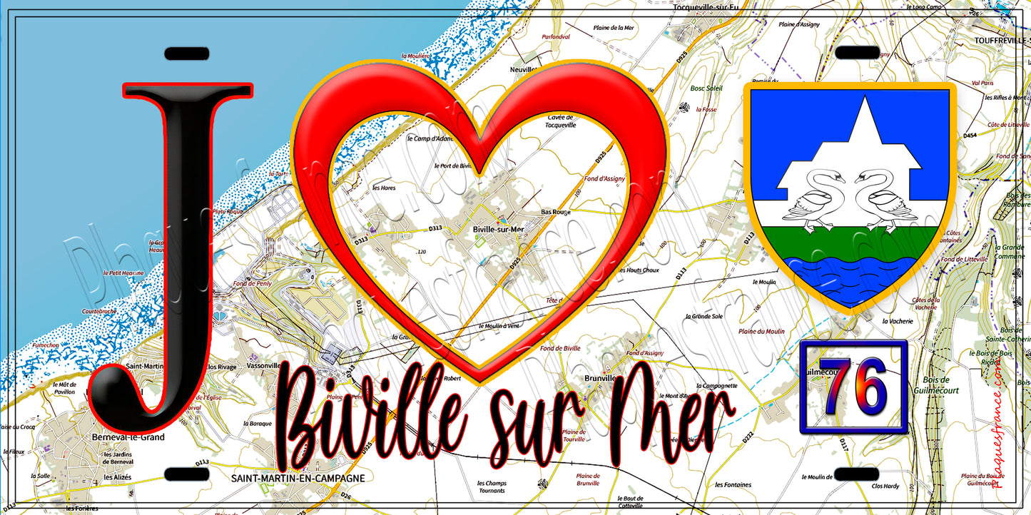Plaque métal décorative 1 5x30 J' ❤️ Biville-sur-Mer, Seine Maritime (76)