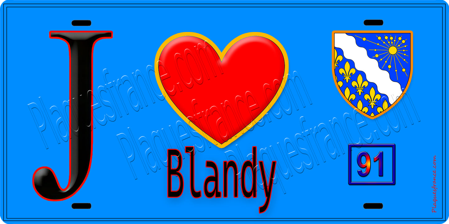 Plaque métal décorative J' ❤️Blandy, Essonne (91) fond bleu