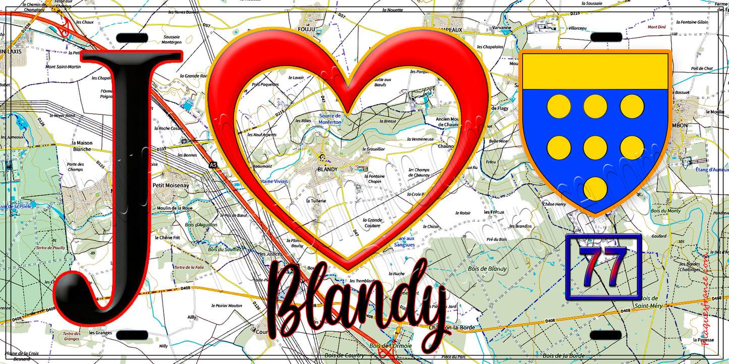 Plaque métal décorative J' ❤️Blandy, Seine et Mrne (77) fond carte