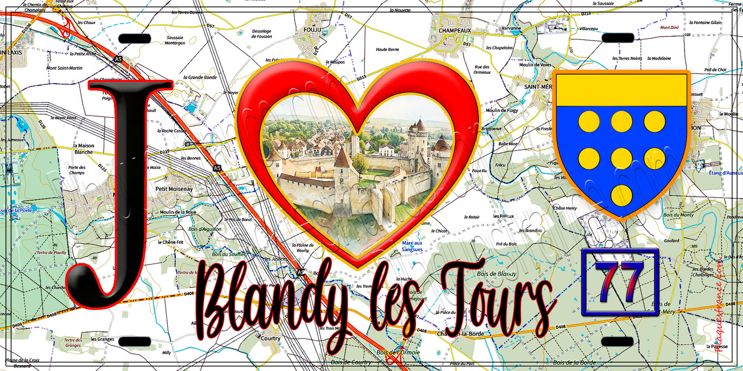 Plaque métal décorative J' ❤️Blandy les Tours, Seine et Marne (77)
