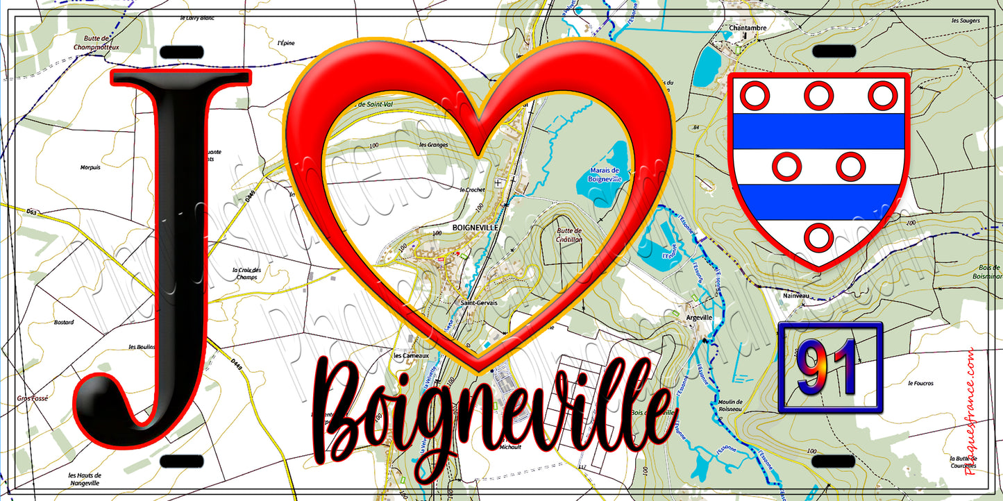 Plaque métal décorative J' ❤️Boigneville, Essonne (91) fond carte