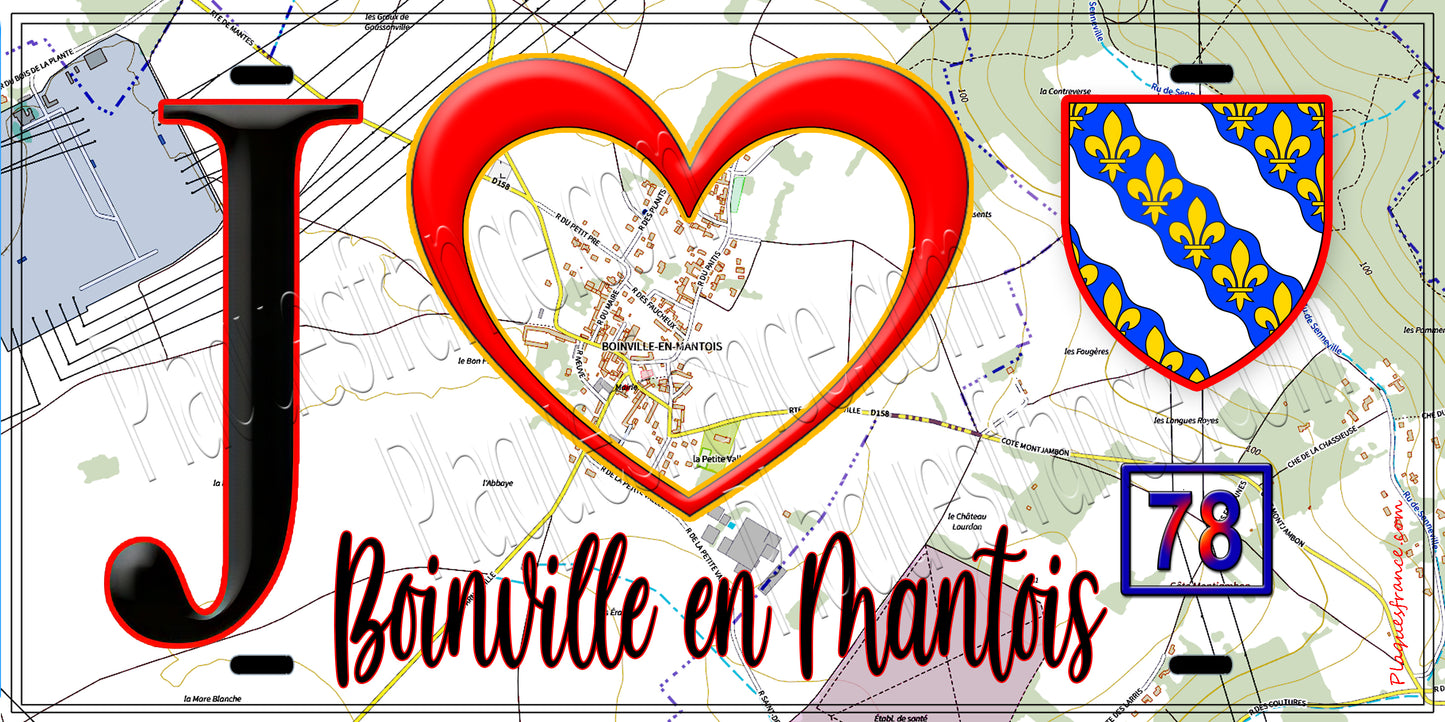 Plaque métal décorative J' ❤️ Boinville-en-Mantois, Yvelines (78) fond carte
