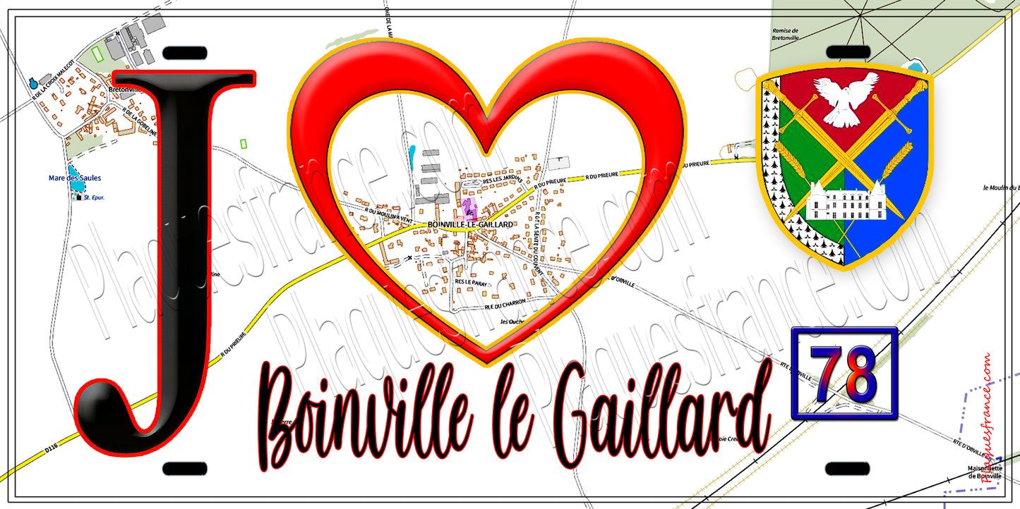 Plaque métal décorative J' ❤️ Boinville-le-Gaillard, Yvelines (78) fond carte