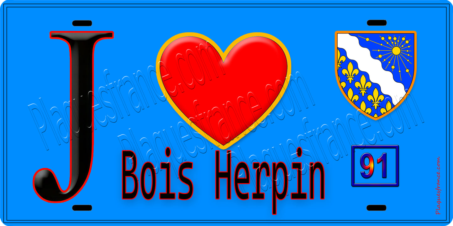 Plaque métal décorative J' ❤️Bois-Herpin, Essonne (91) fond bleu