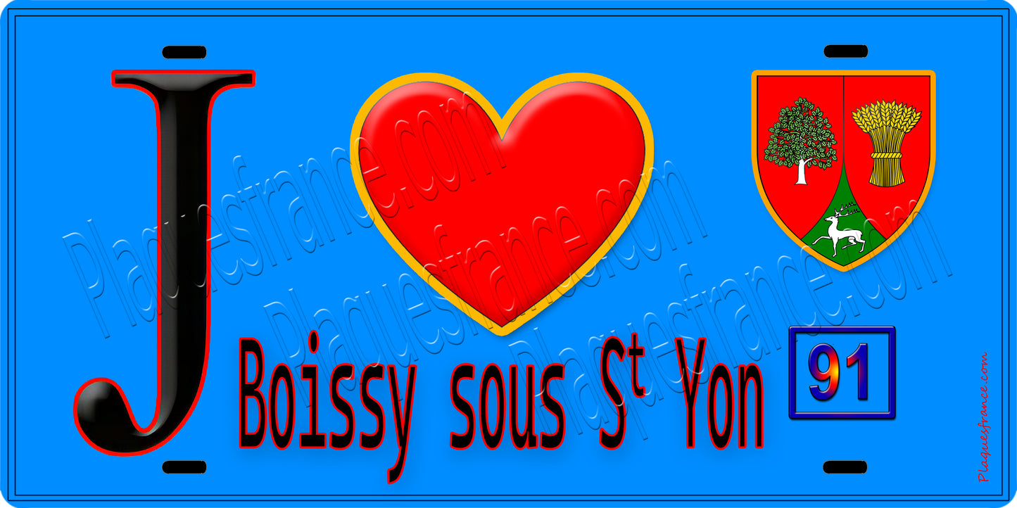 Plaque métal décorative J' ❤️Boissy-sous-Saint-Yon, Essonne (91) fond bleu