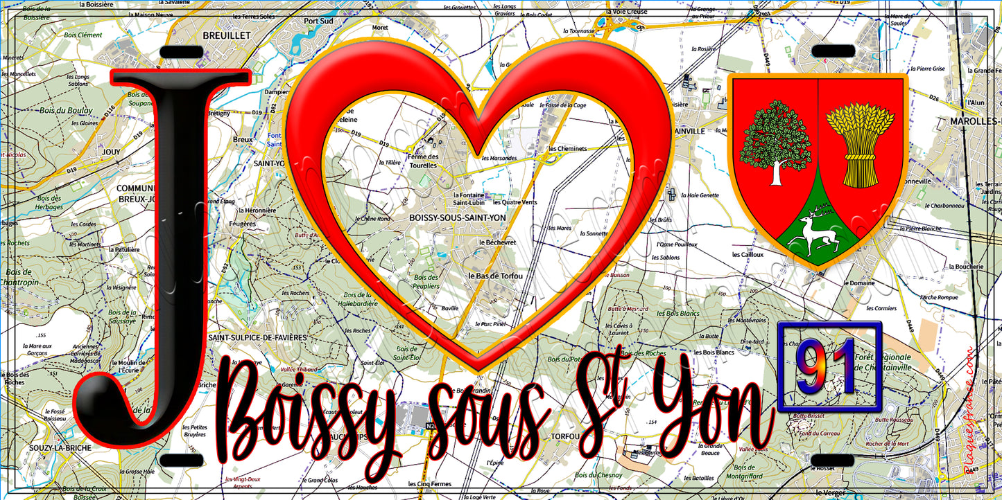 Plaque métal décorative J' ❤️Boissy-sous-Saint-Yon, Essonne (91) fond carte