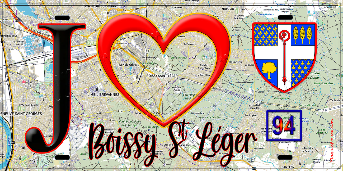 Plaque métal décorative J' ❤️Boissy-Saint-Léger, Val de Marne (94) fond carte
