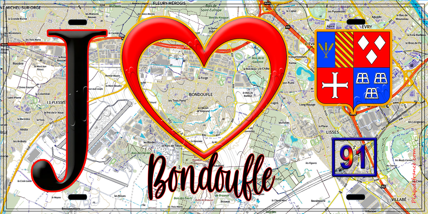Plaque métal décorative J' ❤️Bondoufle, Essonne (91) fond carte