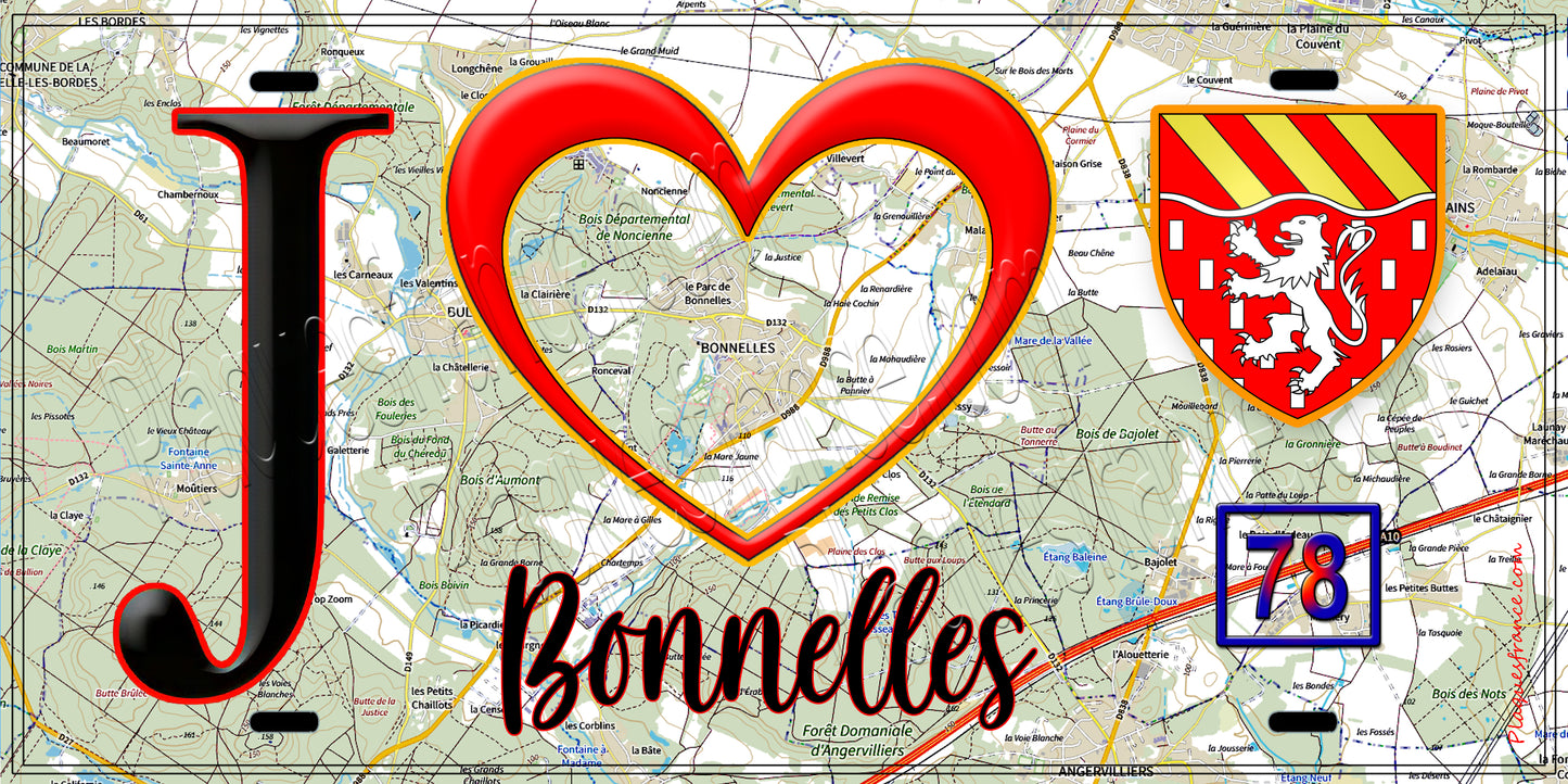 Plaque métal décorative J' ❤️ Bonnelles, Yvelines (78) fond carte