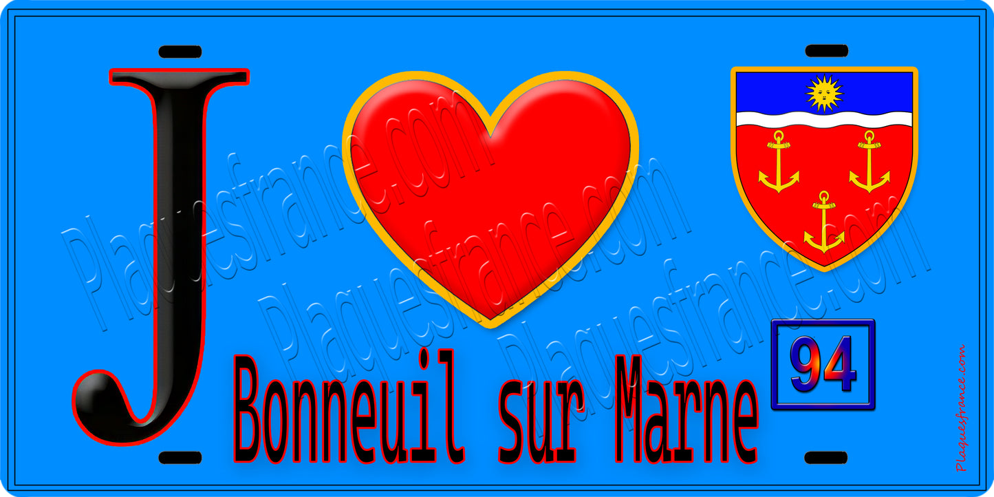 Plaque métal décorative J' ❤️Bonneuil-sur-Marne, Val de Marne (94) fond bleu