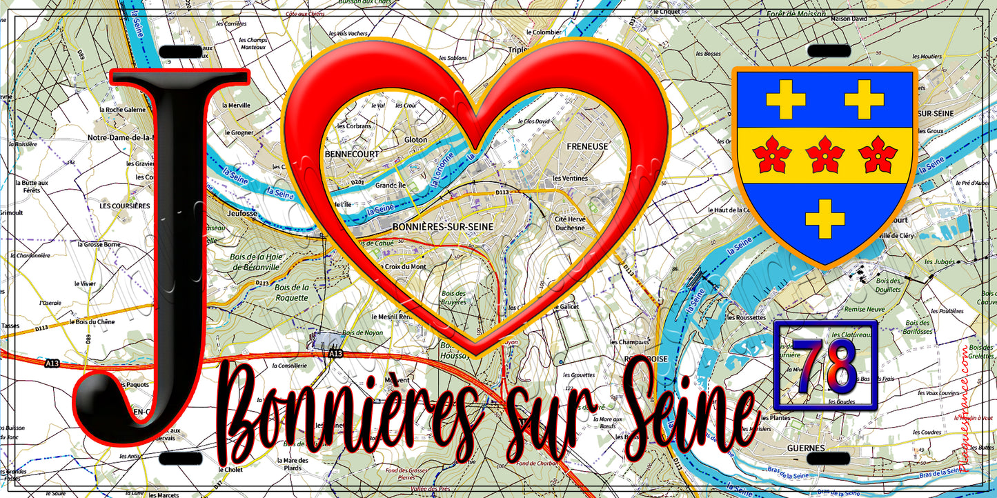 Plaque métal décorative J' ❤️ Bonnières-sur-Seine, Yvelines (78) fond carte