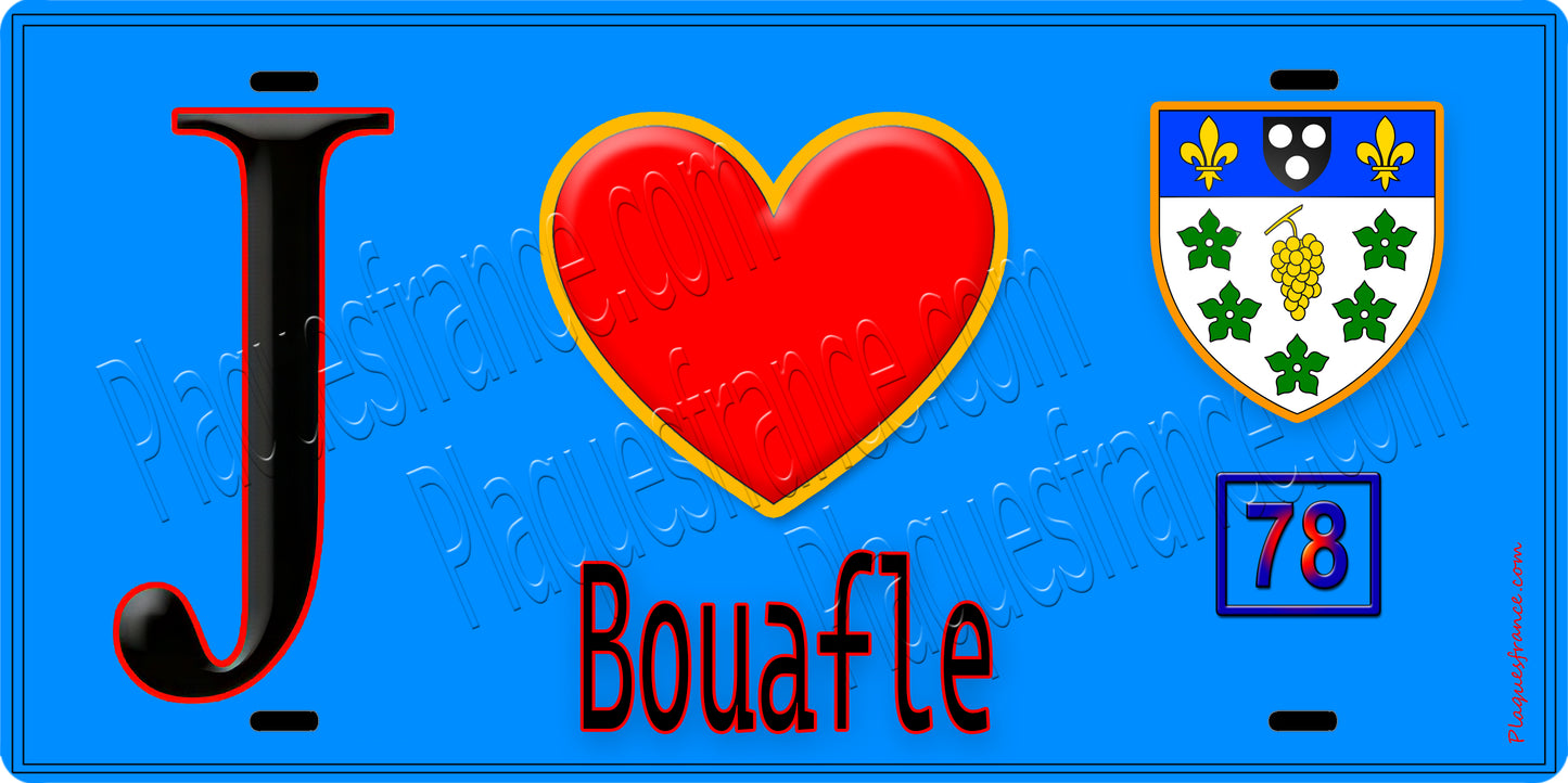 Plaque métal décorative J' ❤️ Bouafle, Yvelines (78) fond bleu