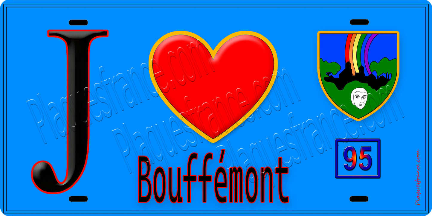 Plaque métal décorative J' ❤️Bouffémont, Val d'Oise (95) fond bleu
