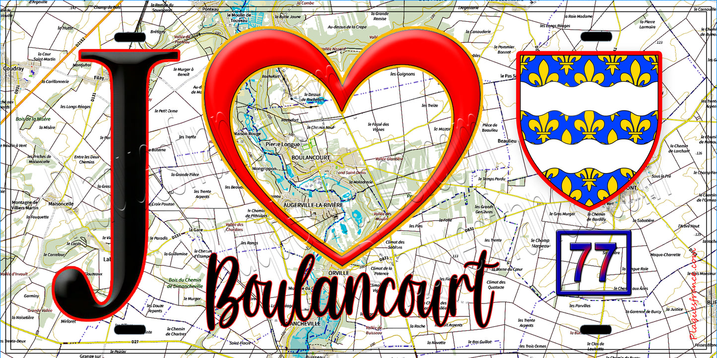 Plaque métal décorative J' ❤️Boulancourt, Seine et Marne (77) fond carte