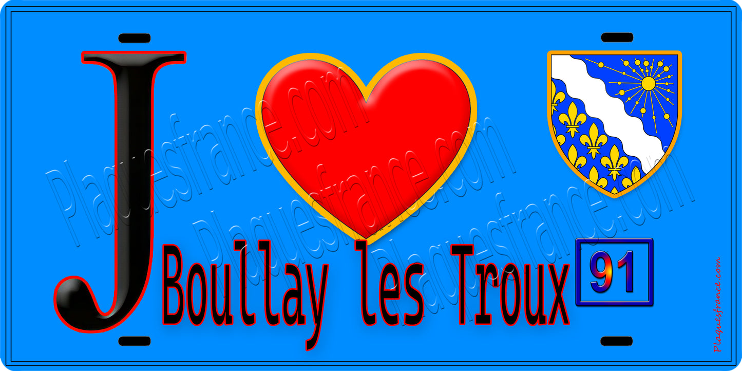 Plaque métal décorative J' ❤️Boullay-les-Troux, Essonne (91) fond bleu
