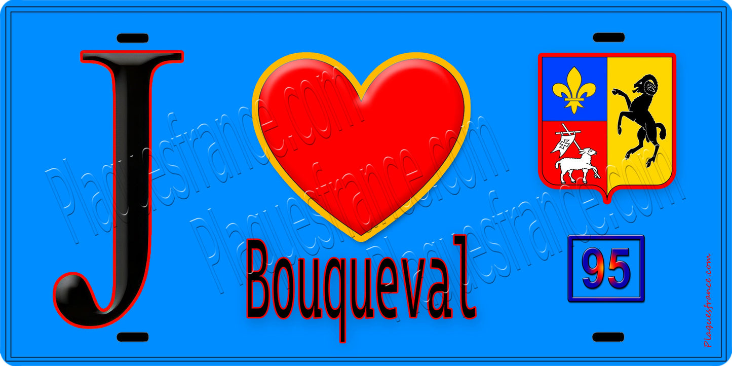 Plaque métal décorative J' ❤️Bouqueval, Val d'Oise (95) fond bleu