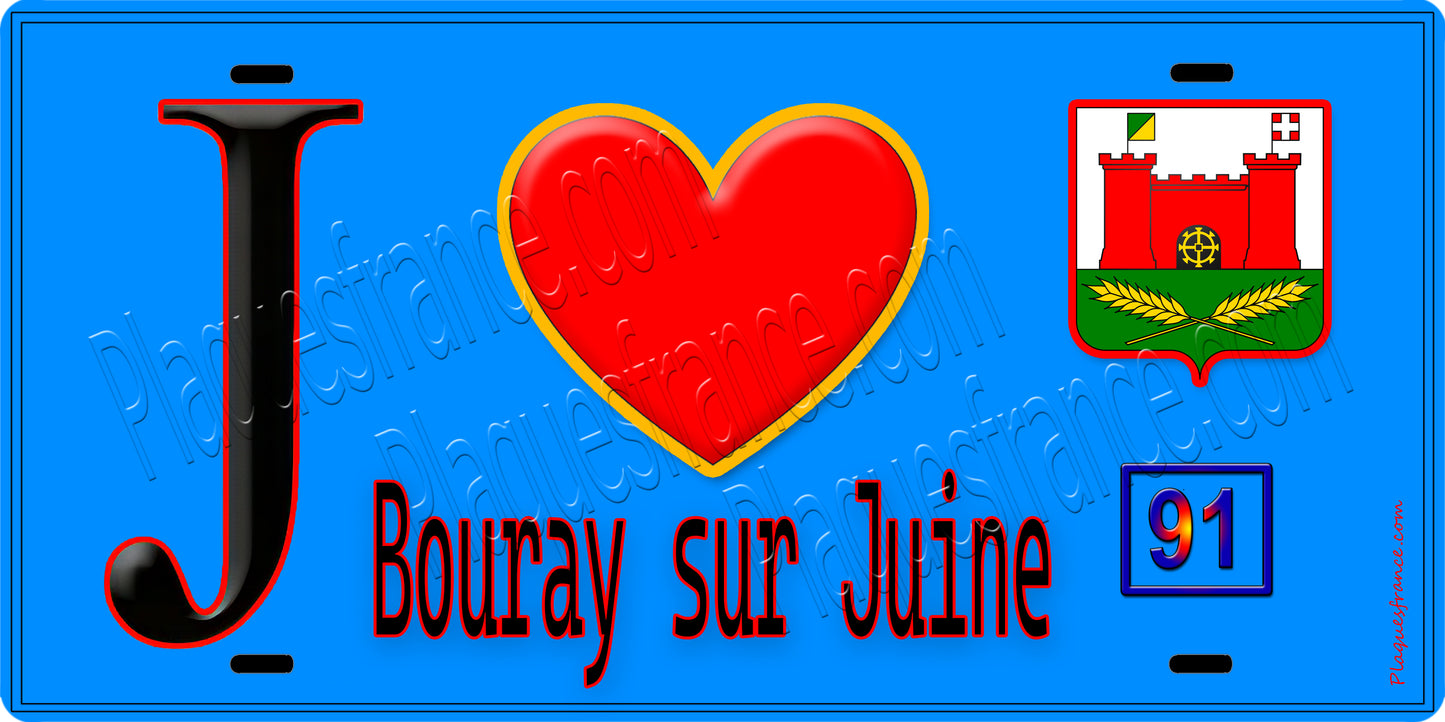 Plaque métal décorative J' ❤️Bouray-sur-Juine, Essonne (91) fond bleu
