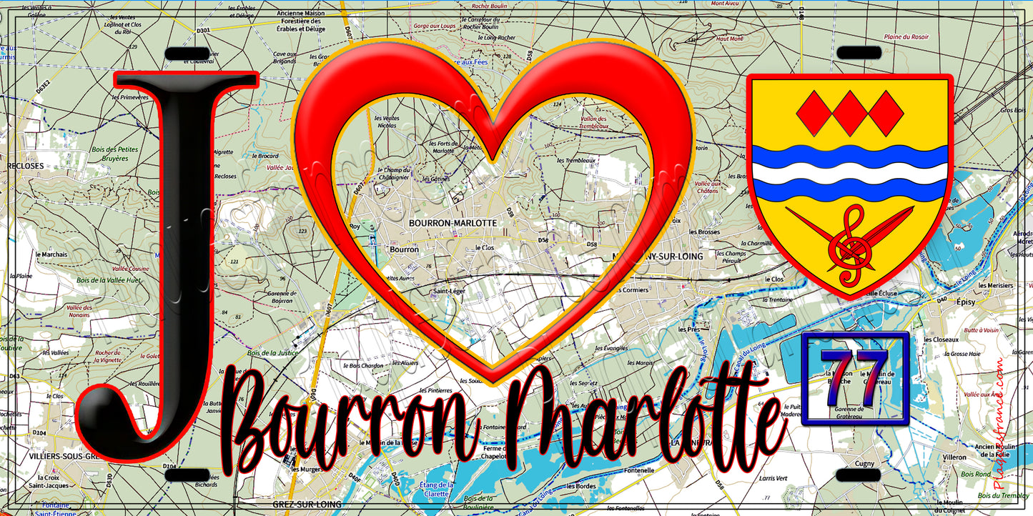 Plaque métal décorative J' ❤️Bourron-Marlotte, Seine et Marne (77) fond carte