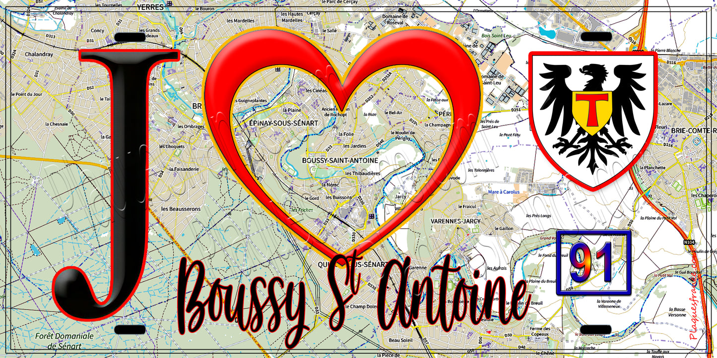Plaque métal décorative J' ❤️Boussy-Saint-Antoine, Essonne (91) fond carte