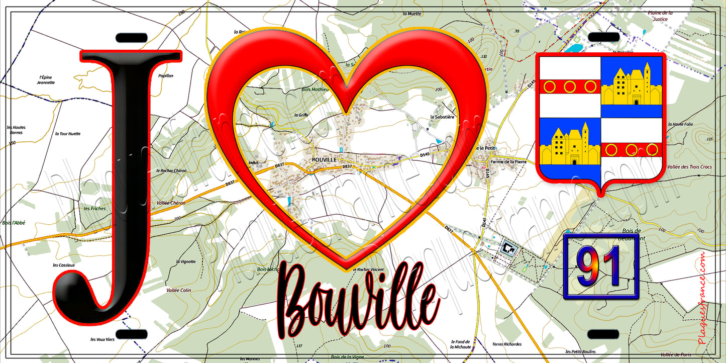 Plaque métal décorative J' ❤️Bouville, Essonne (91) fond carte
