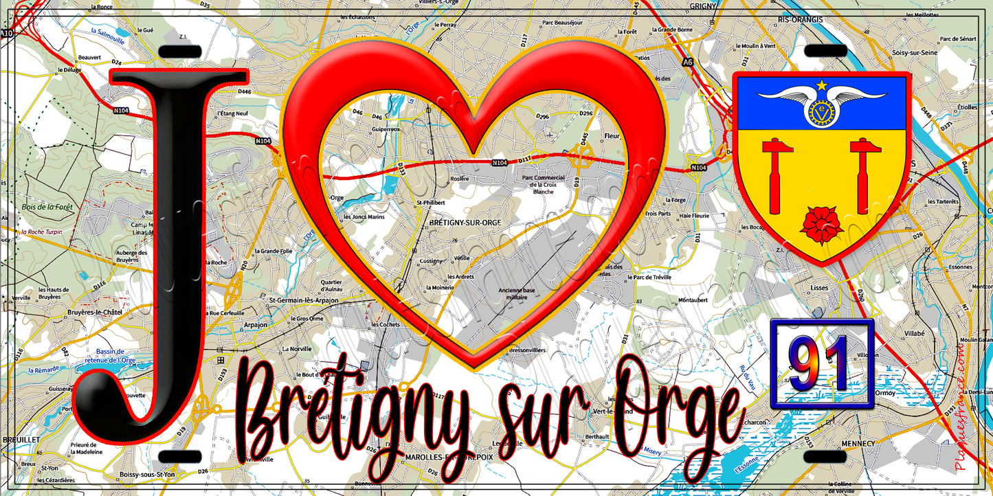 Plaque métal décorative J' ❤️Brétigny-sur-Orge, Essonne (91) fond carte